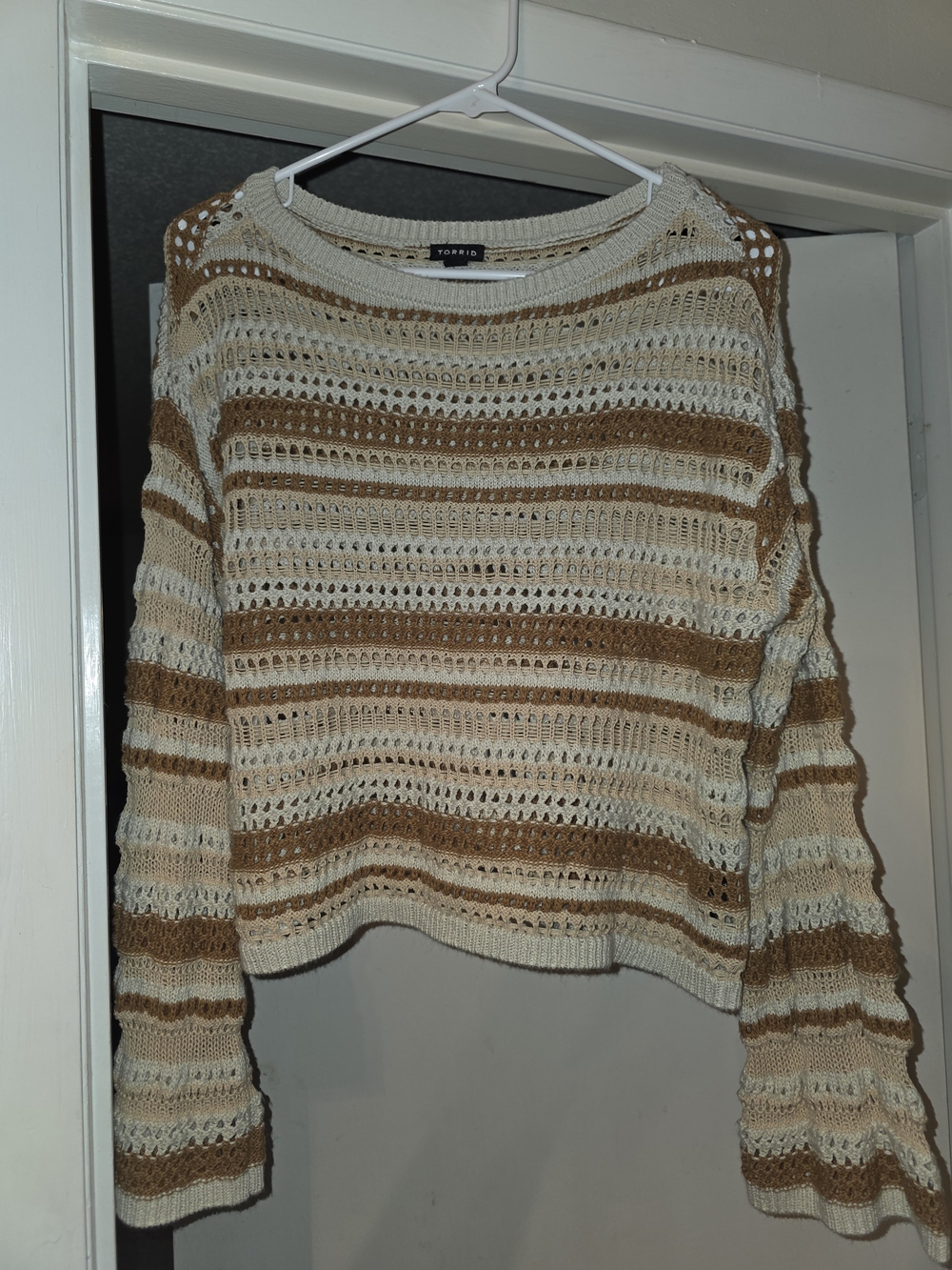 torrid Cream and Brown Striped Open Weave Crewneck Sweater